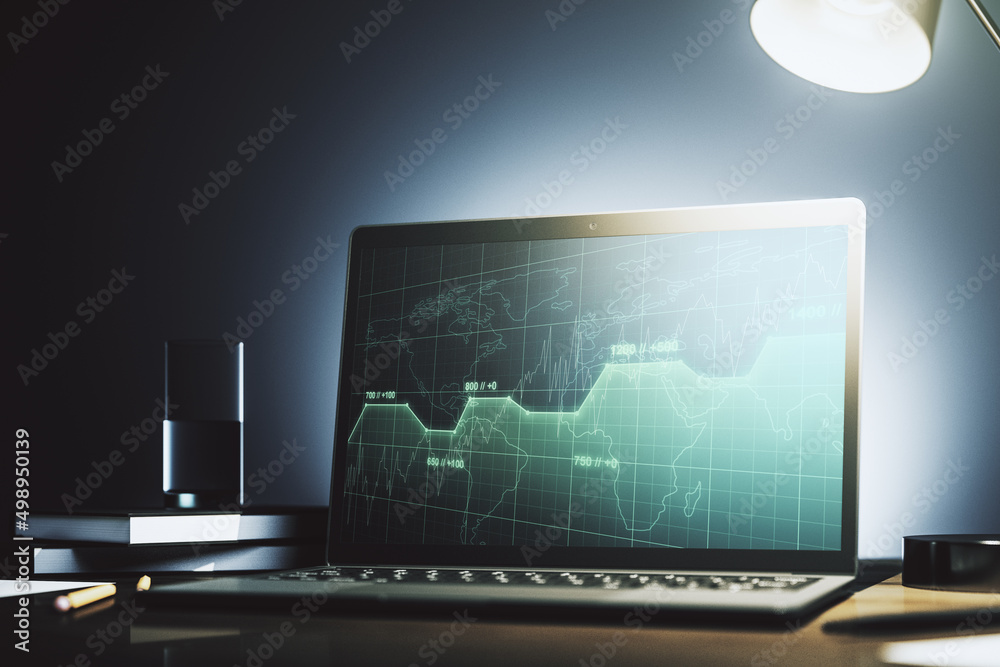 Poster Modern computer monitor with abstract statistics data hologram interface, computing and analytics concept. 3D Rendering