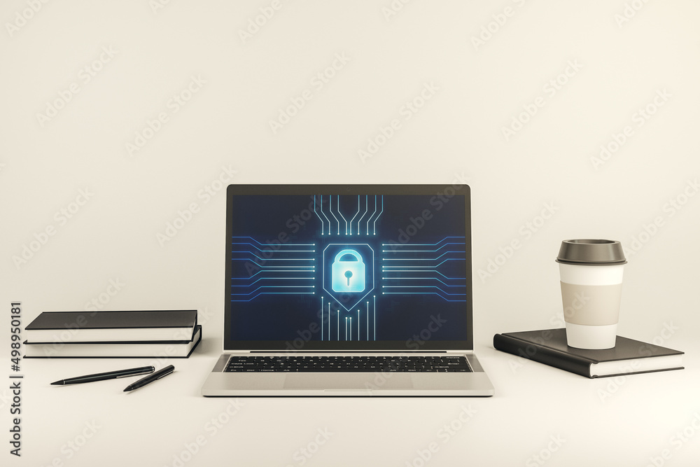 Poster Creative lock sketch with chip hologram on modern computer monitor, protection of personal data concept. 3D Rendering