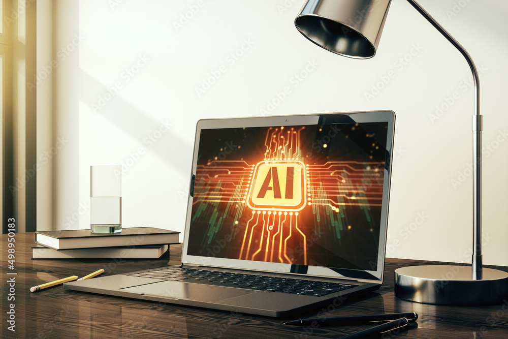 Poster creative artificial intelligence symbol concept on modern laptop screen. 3d rendering