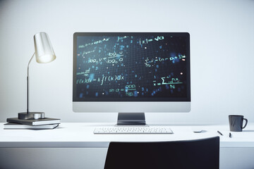 Creative scientific formula illustration on modern computer monitor, science and research concept. 3D Rendering