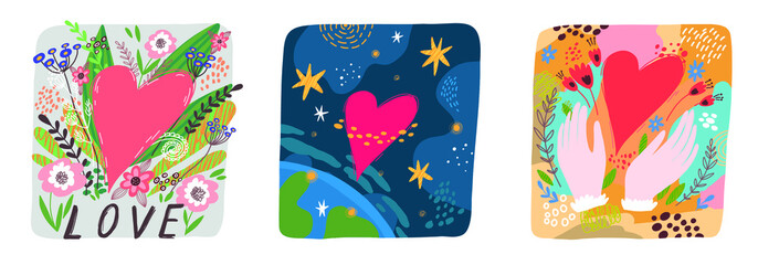 set of funny flat hand drawn valentine cards with vegetation and flowers, night sky and stars and abstract design