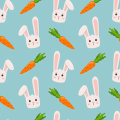 Cute pattern with bunny and carrot on blue background. Vector seamless texture for kids fabric, wrapping paper, design