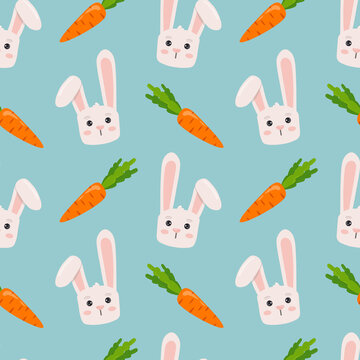 Cute pattern with bunny and carrot on blue background. Vector seamless texture for kids fabric, wrapping paper, design