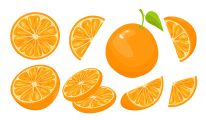 Collection of oranges.A set of orange icons, slices, an orange cut in half, circles.Vector illustration of oranges for advertising, social networks, websites.
