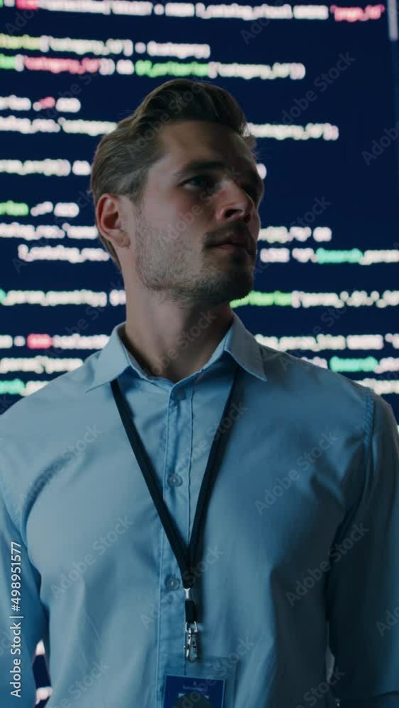 Poster Vertical Screen. Innovative Startup Concept: Thoughtful Software Engineer Finding Solution, Planning Strategy, Standing and Doing Data Analysis on Big Screen. Programmer Developing e-Commerce App
