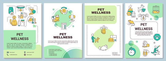 Feline and canine wellness green brochure template. Veterinary care. Leaflet design with linear icons. 4 vector layouts for presentation, annual reports. Arial-Bold, Myriad Pro-Regular fonts used