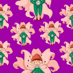 Seamless pattern with beautiful flowers in pastel colors on a lilac background. Floral modern print. Great for fabric, wallpaper, textile, packaging. Vector illustration.