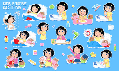  Learning concept - Daily routine of a little girl with dark hair - Set of thirteen cute educational illustrations - Isolated - Blue background