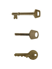 Collection of old vintage keys isolated on white background.