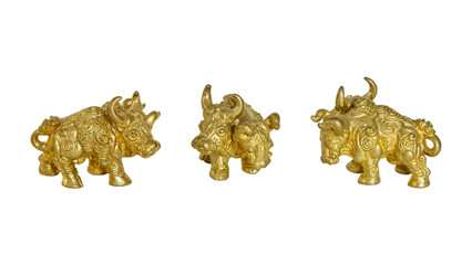 A golden two-headed bull metal statue is isolated on white background. A bull statue is an Asian protective amulet