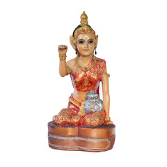 An old beautiful woman statue sitting beckoning happy lot in isolated on white background, Nang...