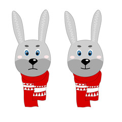 Colorful cute vector hare face in a winter scarf. One object on a white background. Cartoon flat illustration. Emoji funny animal. Embarrassed smile emotion. Template icon. Sticker rabbit.