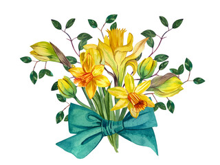 A composition of spring flowers with a turquoise bow, daffodils and yellow tulips on a white background.