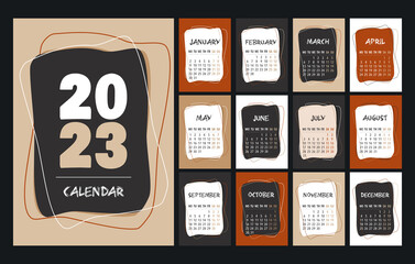 Calendar 2023 template, red, brown, beige, white and black desk calendar design. Week start On Monday, planner, stationery, wall calendar. Vector illustration