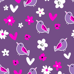 Seamless pattern with funny colorful birds. Color flat vector illustration with little cartoon bird. Cute characters. Template design for invitation, poster, card, flyer, textile, fabric for kids