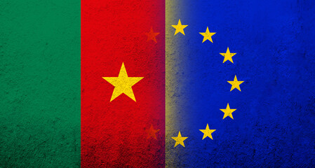Flag of the European Union with Cameroon National flag. Grunge background