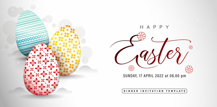 Happy Easter greeting card with three colorful eggs, applicable for website banner, corporate sign, greeting cards, invitation template, social media posts, ads campaign, Instagram feeds, advertising