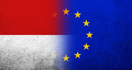 Flag of the European Union with Indonesia National flag. Grunge background