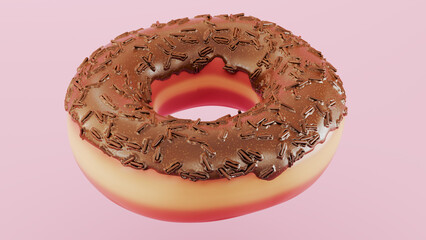 3D render of Chocolate donut or doughnut with sprinkles, Big Chocolate Glazed Donut with Color Sprinkles on a white background.