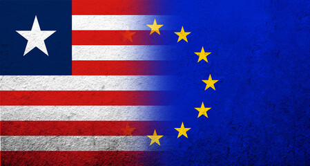 Flag of the European Union with Liberia National flag. Grunge background