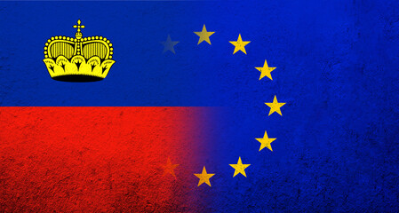 Flag of the European Union with Liechtenstein National flag. Grunge background