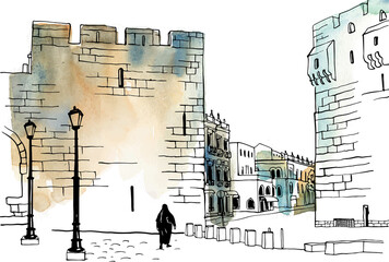 Old street of Jerusalem, black and white vector illustration in hand drawn style. Ancient walls. Jerusalem, Israel. Urban landscape sketch. Line art. Ink drawing on background watercolor.