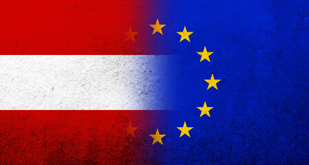 Flag of the European Union with National flag of Austria. Grunge background