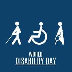 world disability day text vector with disability sign in blue background.	