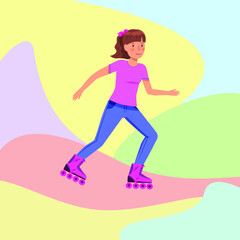 Fototapeta na wymiar Joyful girl roller blading on skates. Vector illustration.