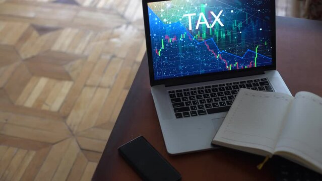 Laptop and pen with business charts, graphs, statistic and documents background for education and business concepts