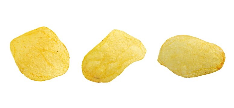 Set of potato chips isolated on white background, top view