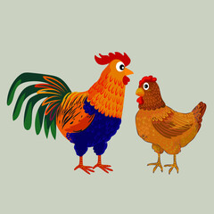 Chicken set, hen, rooster character vector illustration.