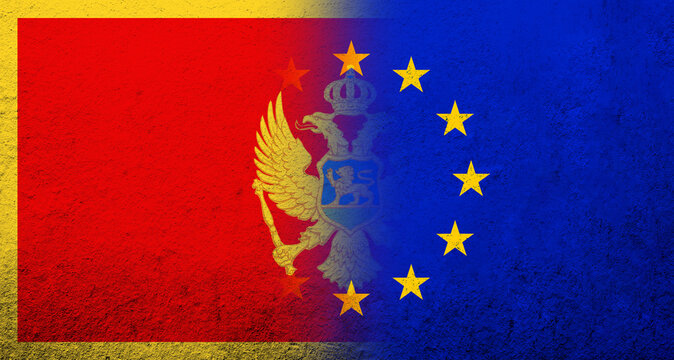 Flag of the European Union with National flag of Montenegro. Grunge background