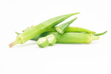 whole and slices okra or Lady Finger over on white background,vegetable concept