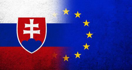 Flag of the European Union with National flag of Slovakia. Grunge background