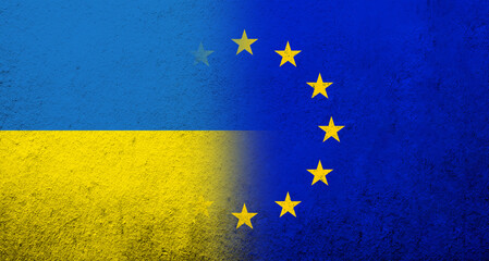 Flag of the European Union with National flag of Ukraine. Grunge background