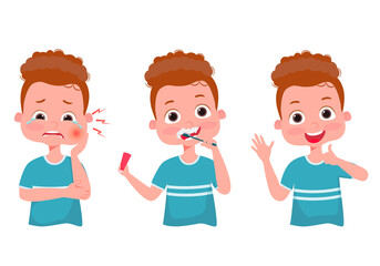  Little boy with tooth brush and toothpaste. Child brushing teeth. Dental kids. Toothache. Baby crying for pain. Happy baby smile. Healthy teeth. Hygiene. Vector illustration.
