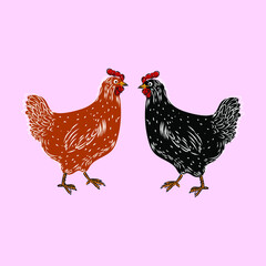 Chicken set, hen, rooster character vector illustration.