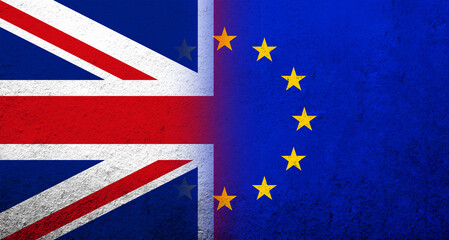 Flag of the European Union with National flag of United Kingdom. Grunge background