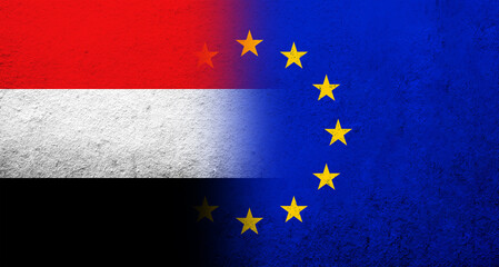 Flag of the European Union with National flag of Yemen. Grunge background