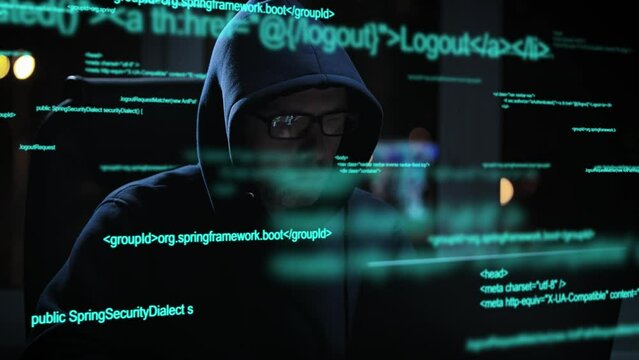 The programmer works with the code. Concept video using computer graphics. Working