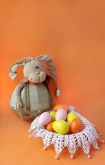 easter bunny and eggs.Retro style.Rabbit with carrot. Happy Easter.Religious holiday.