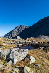 Nizne Zbojnicke pleso lake in Velka Studena dolina with Slavkovsky stit on the background in Vysoke Tatry mountaiins in Slovakia
