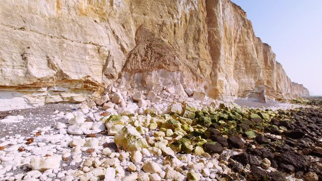 Drone shot of coastal cliff erosion, south English coast, Peacehaven