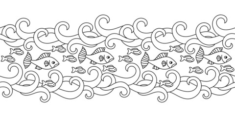 Underwater marine vector border. Vector doodles Waves and fish . Monochrome. Hand-drawn illustration