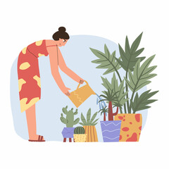 Fototapeta na wymiar the girl takes care of the home plants in pots. flat hand drawn illustration.