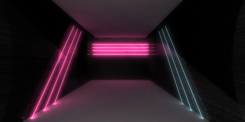 Obraz premium 3D abstract background with neon lights. neon tunnel .space construction . .3d illustration