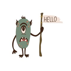 Cute monster with hello sign on white background. Isolate. Suitable for postcards, banners, prints on clothes