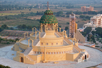 A newly constructed Jain temple at the foot of Shatrunjaya Hill in Gujarat, India, a sacred site in...