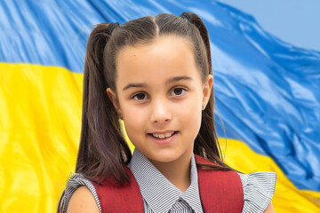 Stop war in Ukraine. teen girl in traditional Ukrainian clothes with Ukrainian flag. Peace in...